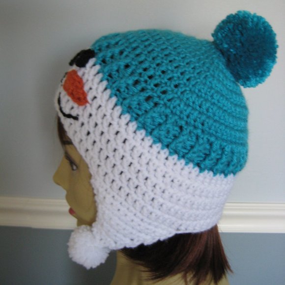 Teal Snowman Hat for Teens or Adults/Unisex Hand Knit Beanie w/ Pom Pom's - SALE - Picture 4 of 6